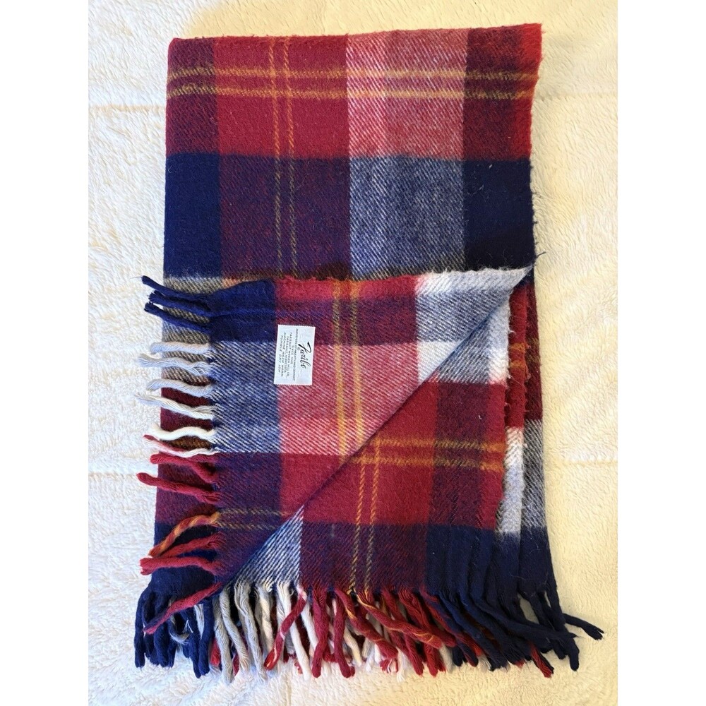 Vtg Faribo Acrylic Throw Blanket 52x44" Navy Wine White Plaid Made in U.S.A EUC